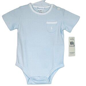 Ralph Lauren - NWT 6mo pale blue & white onesie with pocket & buttoned shoulder
